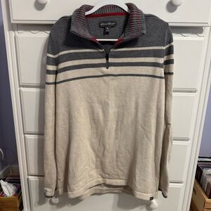 Eddie Bauer Men's Quarter Zip Sweater in Gray and Cream